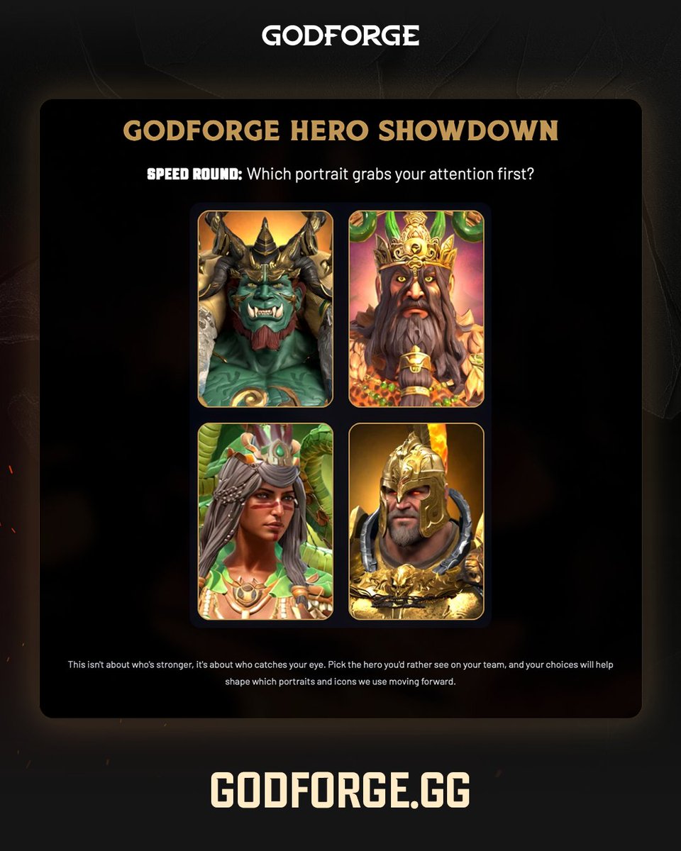 GodforgeGame's tweet image. The Gods are calling YOU! 🫵

Take your pick! Choose amongst the Heroes of Godforge and crown your App Store icon!
Link to the tool is here: godforge.gg/hero-showdown