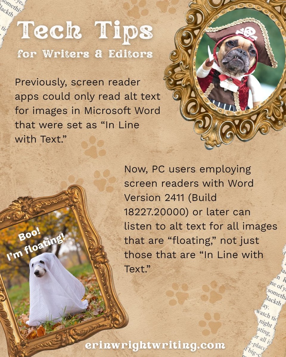 ErinWrightEdit's tweet image. Previously, screen readers could only read alt text for images in Microsoft Word that were set as “In Line with Text.” Now, PC users with screen readers using Word Version 2411 (Build 18227.20000) can listen to alt text for all &quot;floating&quot; images. #microsoftword #accessibility