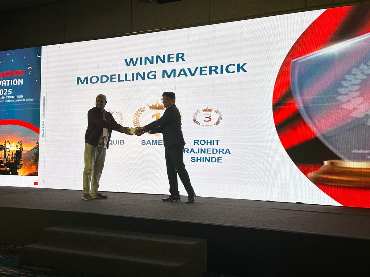 BEACONIndia_3D's tweet photo. 📷 Congratulations to Mr. Sameed of Modelling Maverick!
Our 1st prize winner, impressing everyone with his creativity, skill, and innovative approach. 📷

@SOLIDWORKS  @Dassault3DS 

#InnovationDay2025 #SOLIDWORKS2026 #DassaultSystemes #ModelingMavericks #EngineeringCreativity https://t.co/ANRZuA1obR
