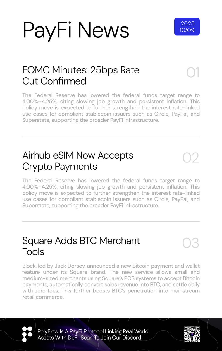 Polyflow_PayFi's tweet image. 📢 Something new just dropped — #PayFi Daily News is here!
Your quick take on what’s shaping the future of stablecoins, PayFi, and real-world payments.
Stay tuned — and don’t forget to scan & join our Discord to dive deeper into the PayFi conversation.
#PolyFlow #Web3Finance…