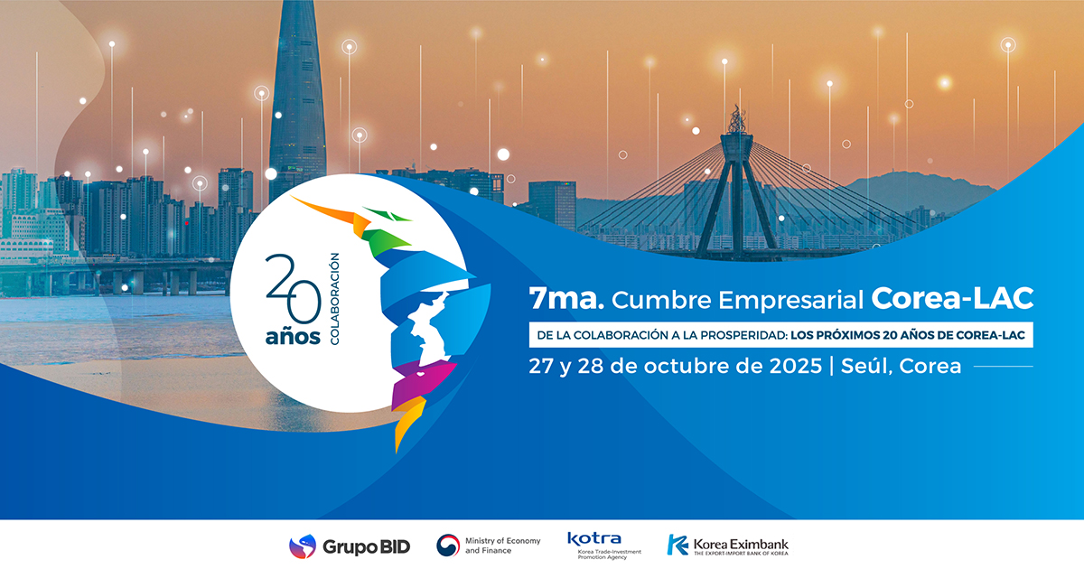 Reserva la fecha: Cumbre Empresarial #CoreaLAC — Conmemoramos 20 años de colaboración entre el Grupo BID y el Gobierno de la República de Corea. Líderes globales se reunirán para explorar oportunidades en comercio, inversión e innovación.
🗓️ Cuándo: 27-28 de octubre de 2025