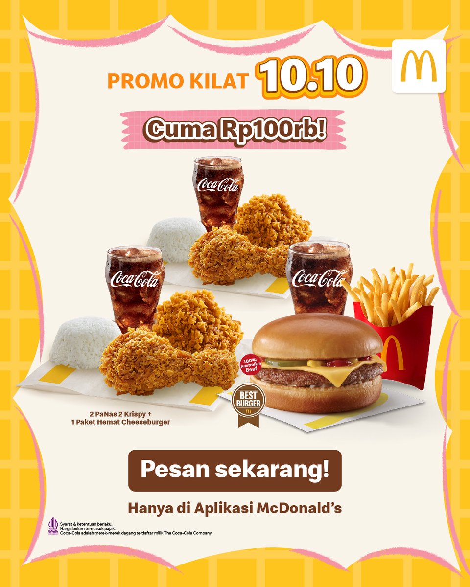 Cukup Rp100 ribu, kamu udah bisa nikmatin 2 PaNas, 2 Ayam Krispy/Spicy, dan 1 Paket Hemat Cheeseburger.
Pas buat sharing bareng temen, sahabat, atau keluarga.

👉 Cuma ada hari ini, langsung pesen lewat App McD biar nggak kelewat! 🍔🍗✨
bit.ly/DoubleDate-Oct…