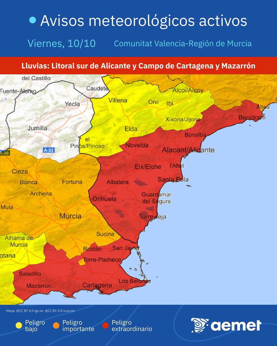 🔴 Demain vendredi 10 octobre 2025, plusieurs régions de la côte est de l'#Espagne seront placées en vigilance ROUGE en raison du risque d'#orages diluviens. L'alerte concerne notamment la région d'#Alicante et de #Cartagena.