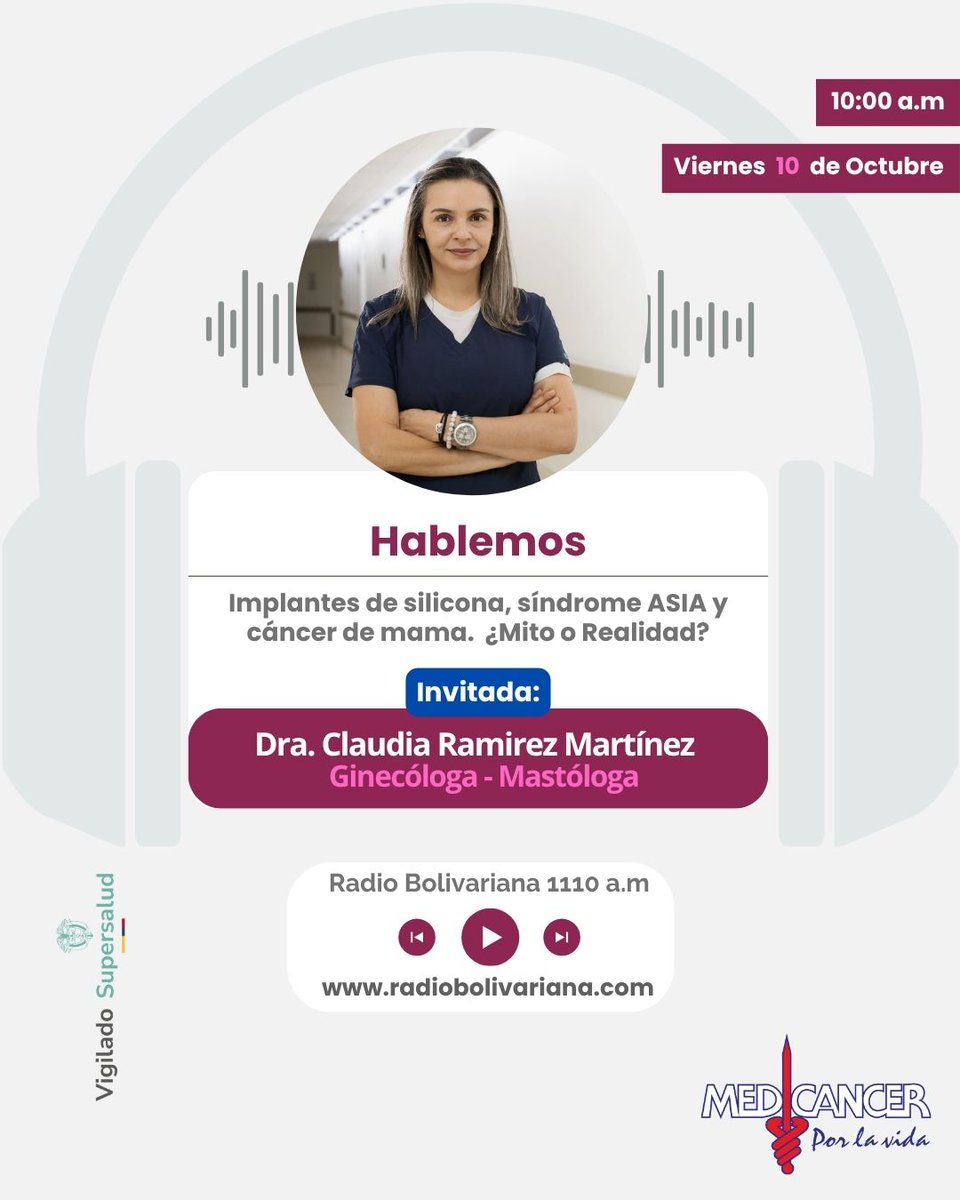 Medicancer's tweet image. 🎙️¡Mañana viernes en nuestro programa radial habitual MEDICANCER EN CONTACTO CON LA VIDA, no te pierdas una charla imperdible! 🩺 Hablaremos sobre "Implantes de silicona, síndrome ASIA y cáncer de mama: ¿mito o realidad?"

¡Sintonízanos y despeja tus dudas!📻📞 604 - 354 84 30