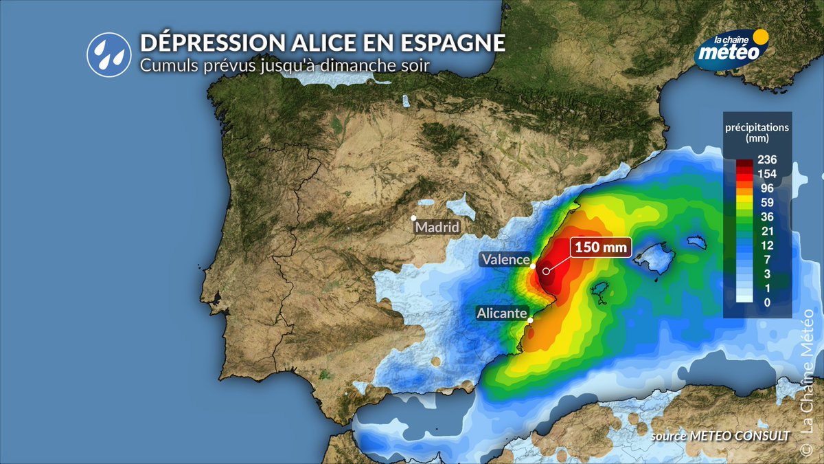 #Espagne ⛈️ La dépression #Alice provoque des #orages, qui se renforceront demain : ainsi, le littoral d'#Alicante est placé en alerte rouge 🔴 pour de très fortes pluies, jusqu'à 180 mm possibles en 24 heures. Carte <a href="/AEMET_Esp/">AEMET</a>