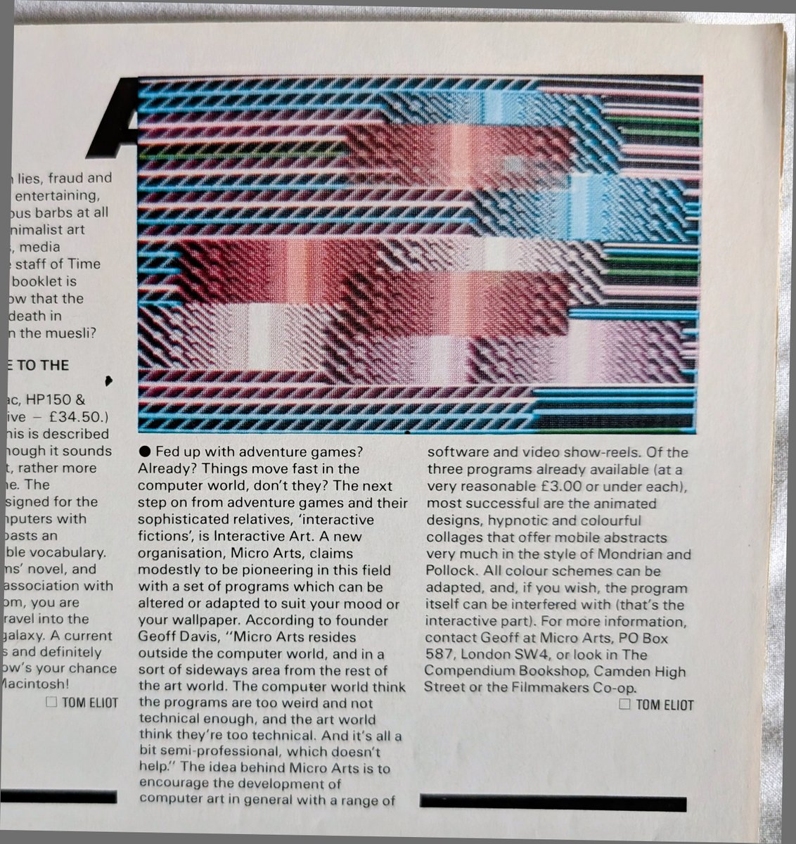 microartsgroup's tweet photo. BLITZ exhib Design Museum London. My art w/ Micro Arts was in BLITZ magazine 1985, a great review. Alongside a New York club guide, Pet Shop Boys, and Beverly Hills Cop... #designmuseum
#blitzclubexhibition #val_ravaglia #VandA
#tate #1980s #computerart https://t.co/o7Bn4sd1IX