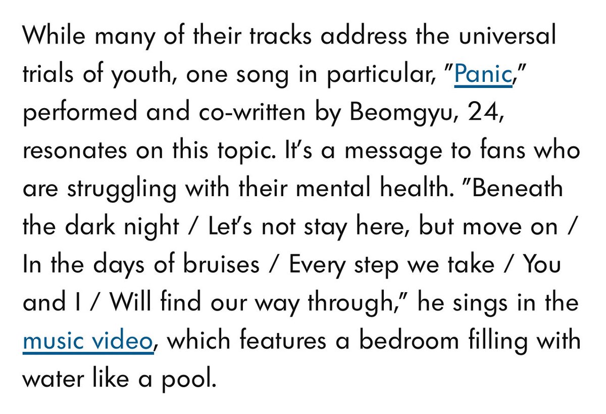 CBGUnionGlobal's tweet photo. ‘Panic’ by #BEOMGYU was mentioned on an article about TXT’s mental health campaign with UNICEF!

“While many of their tracks address the universal trials of youth, one song in particular, "Panic," performed and co-written by Beomgyu, resonates on this topic. It's a message to fans who are struggling with their mental health.”

#범규 #BEOMGYU #ボムギュ