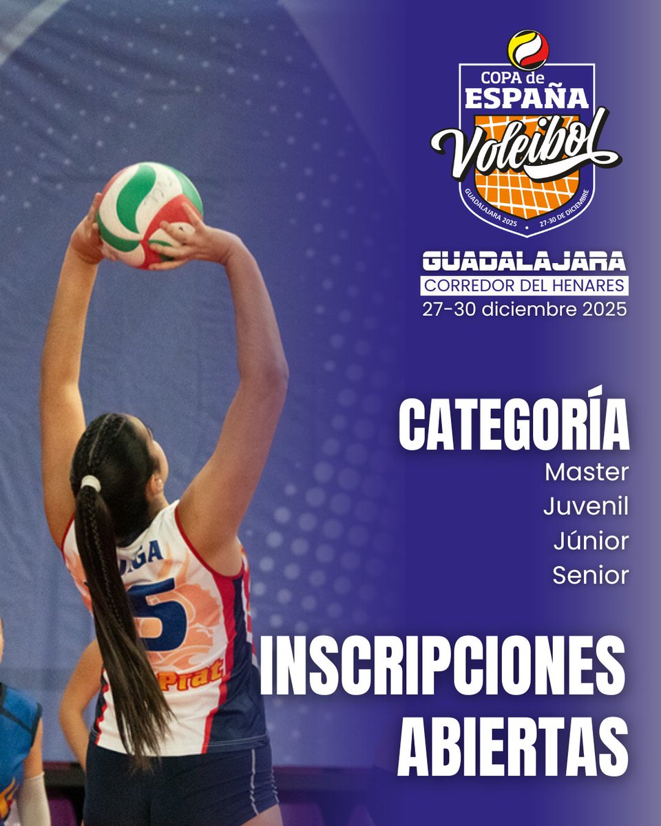 CopaEspanaVB's tweet image. 🏐 ¡Vuelve la #Copa de #España de #Voleibol del 27 al 30 de diciembre! 

 📍 #Almería, #Guadalajara (Corredor del Henares) y #Valladolid serán las sedes de esta edición.

 📅Inscripciones abiertas para todas las categorías en la intranet de la @RFEVB 👈