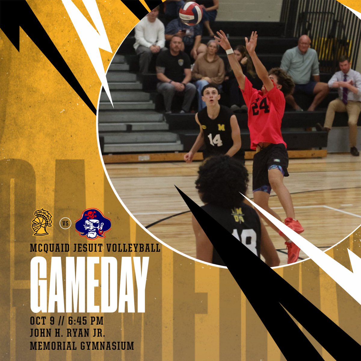 GAMEDAY! The undefeated volleyball Knights take on undefeated Fairport tonight in a rivalry matchup at 6:45pm in the Ryan! Come out and support the Knights, pack the Ryan! #AMDG @mcquaidjesuit <a href="/sectionvbvball/">Section V Boys Volleyball</a> @primetimeball_ @pickinsplinters