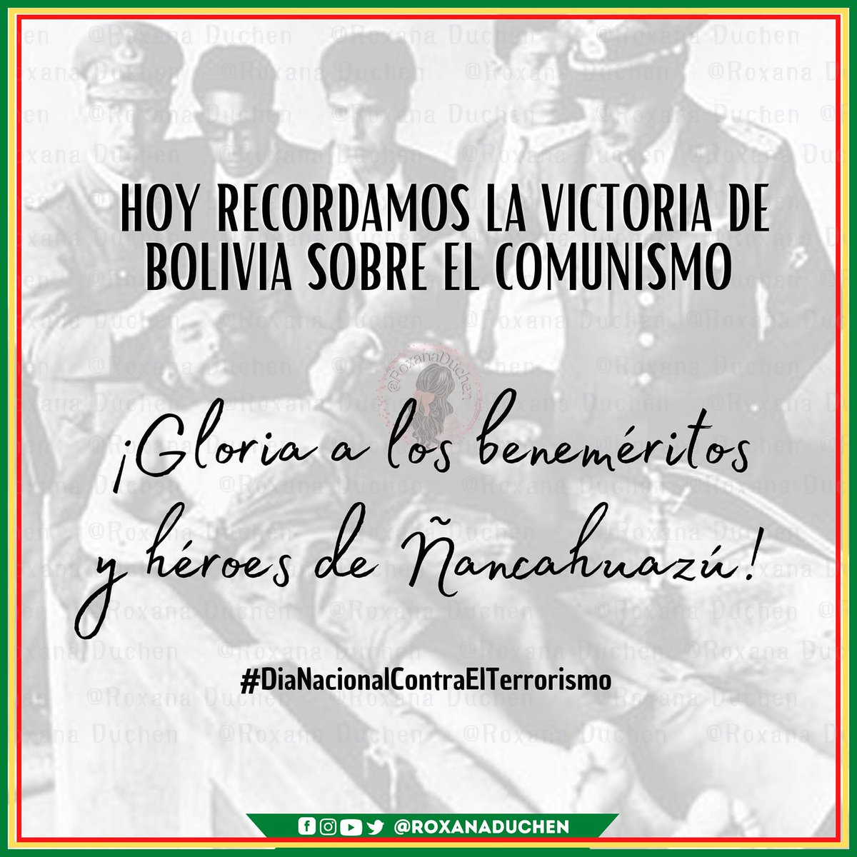 RoxanaDuchen's tweet photo. Feliz 9 de octubre! Hoy se celebra la victoria de los valientes de #ÑancaHuazú  sobre el comunismo y la invasión extranjera comandada por el racista asesino y guerrillero terrorista, Ernesto Guevara de la Serna, el carnicero de la cabaña.

Murió bajo su ley. 

#ComunismoNuncaMas https://t.co/RqgDDGz35i