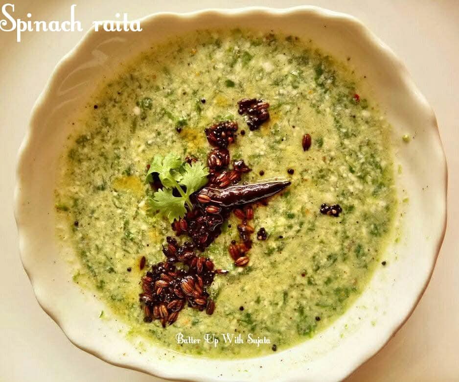Spinach raita or palak raita.
A very easy yet delicious side dish. Goes well with stuffed paratha, biryani or pulao.
This raita is made of curd, spinach and some spices.  batterupwithsujata.com/2017/10/spinac…