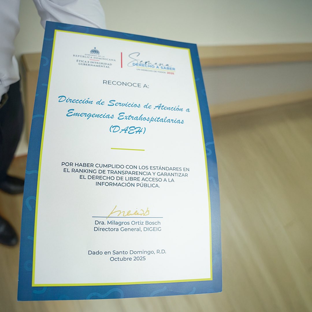 La DAEH fue reconocida por la DIGEIG por su compromiso con la transparencia y el cumplimiento de la Ley de Libre Acceso a la Información Pública, al obtener una puntuación entre 90 y 99 en el ranking de transparencia gubernamental.

#DAEHRD