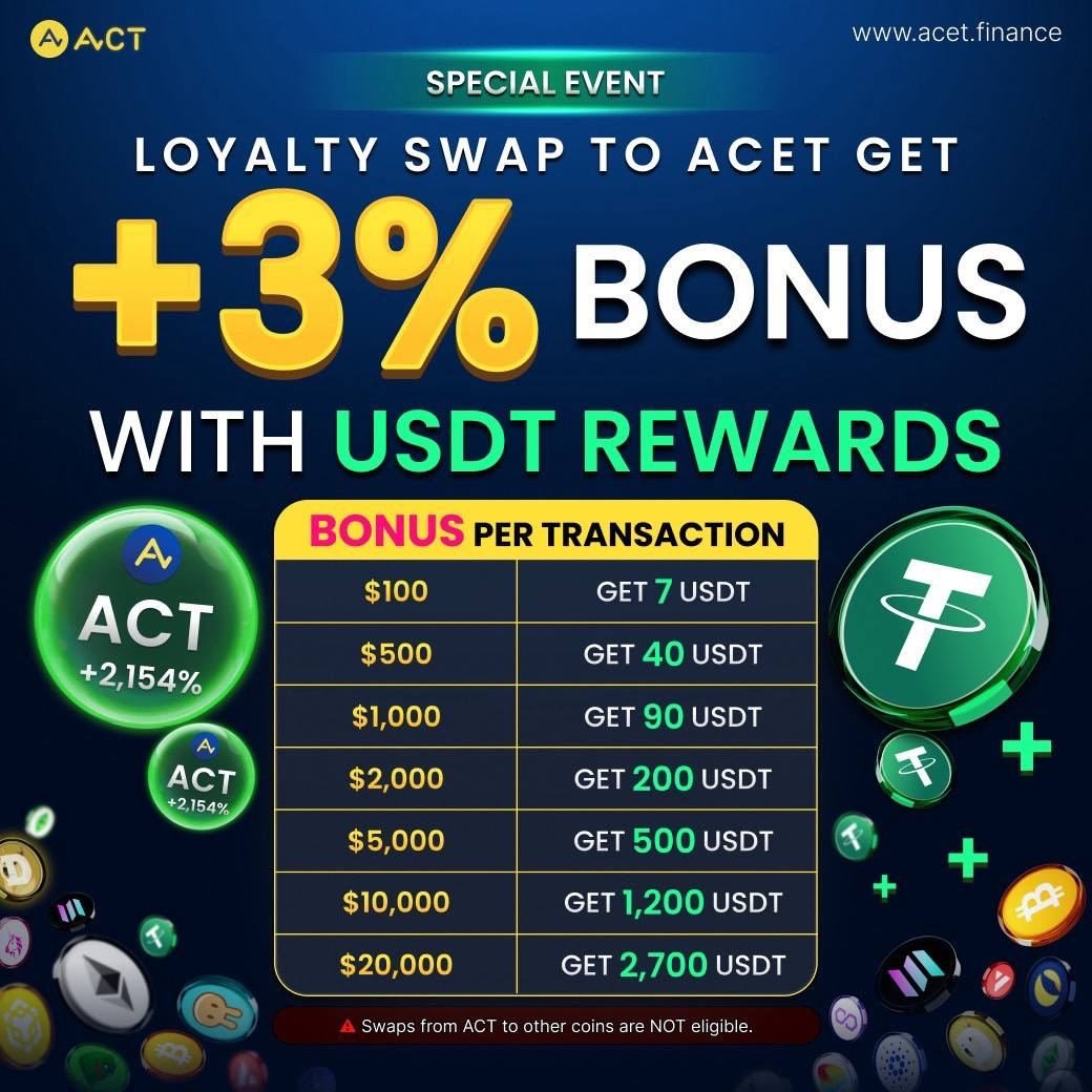 My partners over at <a href="/ACTDeFansFi/">ACT - Acet</a> is giving away free $USDT

Simply swap to their $ACT token and get free money. Swapping a minimum of $100 will land you $7 FOR FREE!

On top of that, they are offering a 3% token bonus on all swaps.

Get started: acet.finance/swap-act