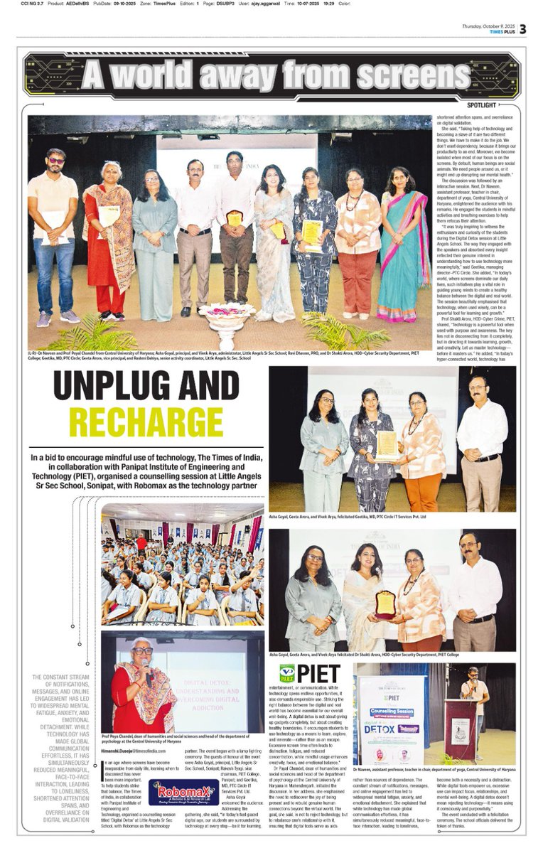 paayal_dr's tweet image. Encouraging #mindful use of technology is crucial in today&apos;s digital age, thanks to @CUHofficial for encouraging me to be part of the cause with #timesofindia  &amp;amp; Little Angels Sr Sec School, Sonipat.
 #MindfulTech #UnplugAndRecharge @timesofindia