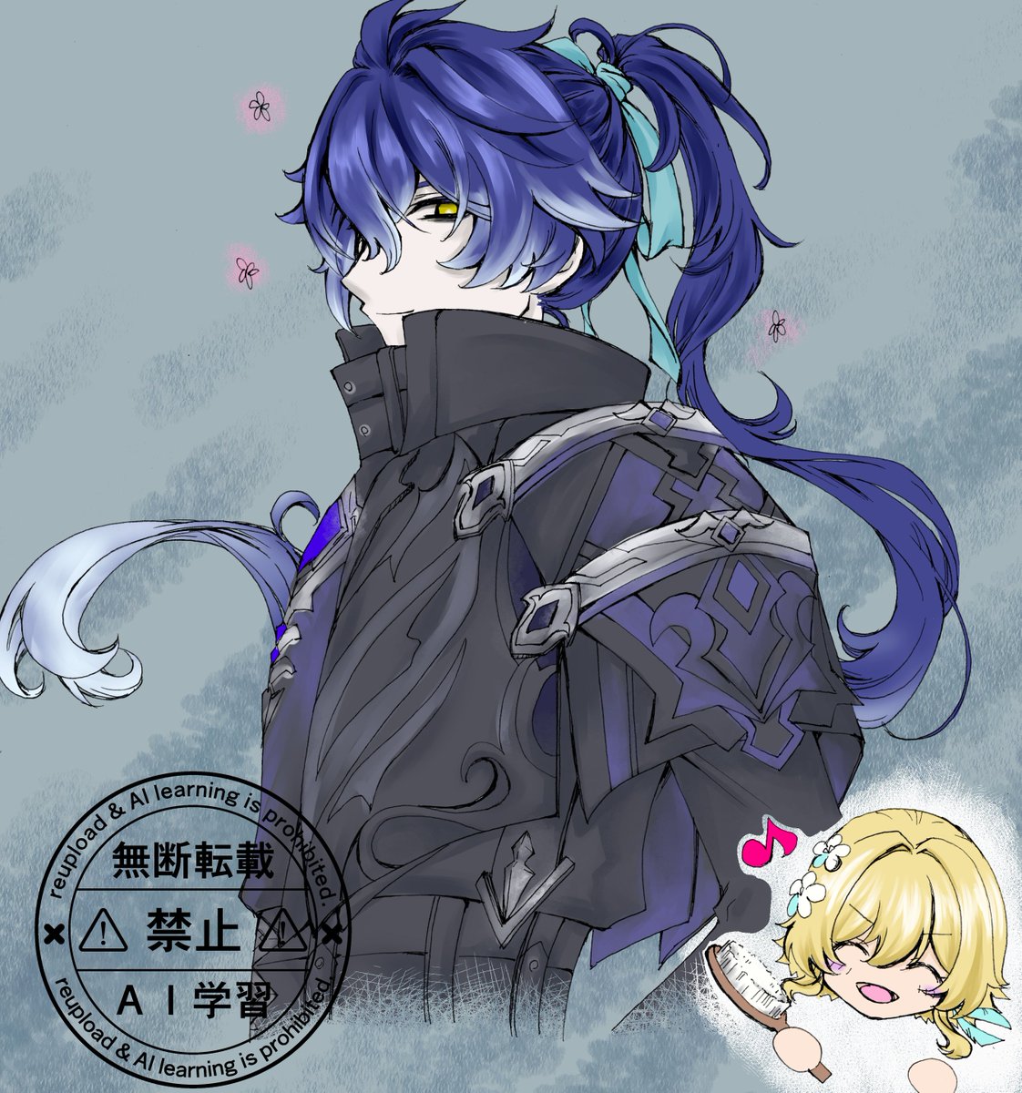 初描きンズ蛍。（ンズ＋蛍）
「はい！できたよ」
「…なるほど。これならすっきりしていて動いても髪が邪魔にならなそうです」

「（…貴女が僕のために何かをして下さった、という事がこんなに心温まるものだとは）」

#フリン蛍