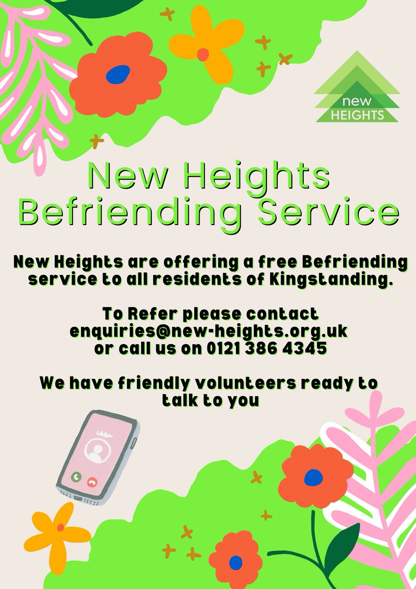 📷 New Heights #Befriending Service 📷
Feeling isolated or just want someone friendly to talk to?
Our Befriending Service is here to support residents across #Kingstanding

You’re not alone — reach out today and let’s have a conversation 📲
