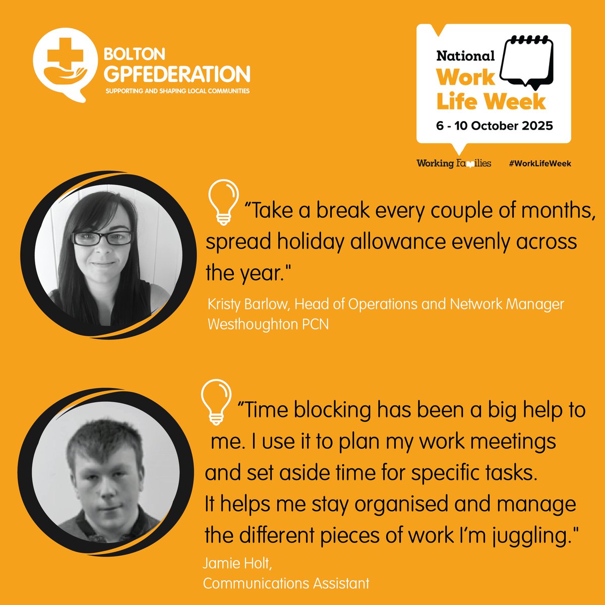 boltongpfed's tweet image. This National Work Life Week, our colleagues are sharing their top tips for maintaining a healthy work–life balance ➡️ swipe to read.
How do you look after your own work–life balance? Share your tips and help us inspire others.
#NationalWorkLifeWeek #WorkLifeWeek #FlexForAll