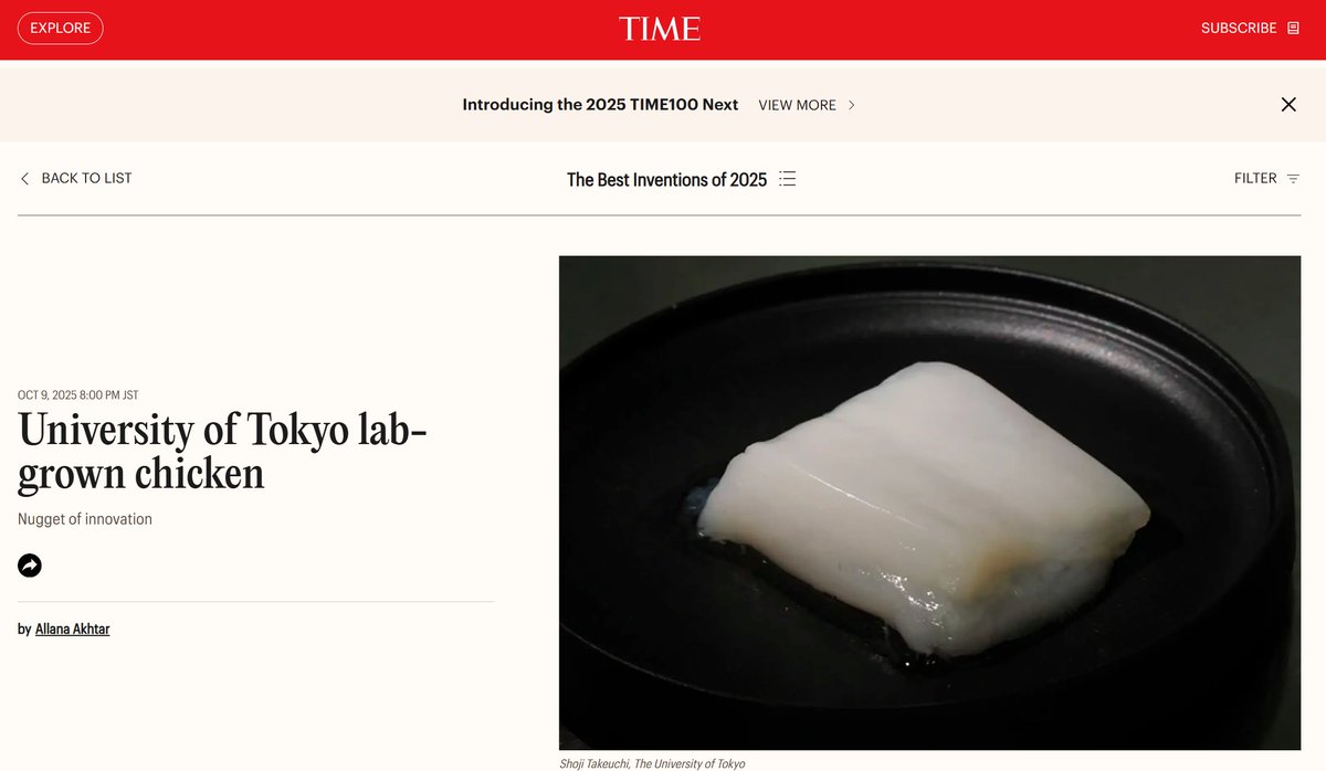 ミンハオさんの培養チキンがTIME’s Best Inventions of 2025 に選ばれました！”the largest piece of lab-grown meat to date: a nugget-sized chunk of chicken”
time.com/collections/be…