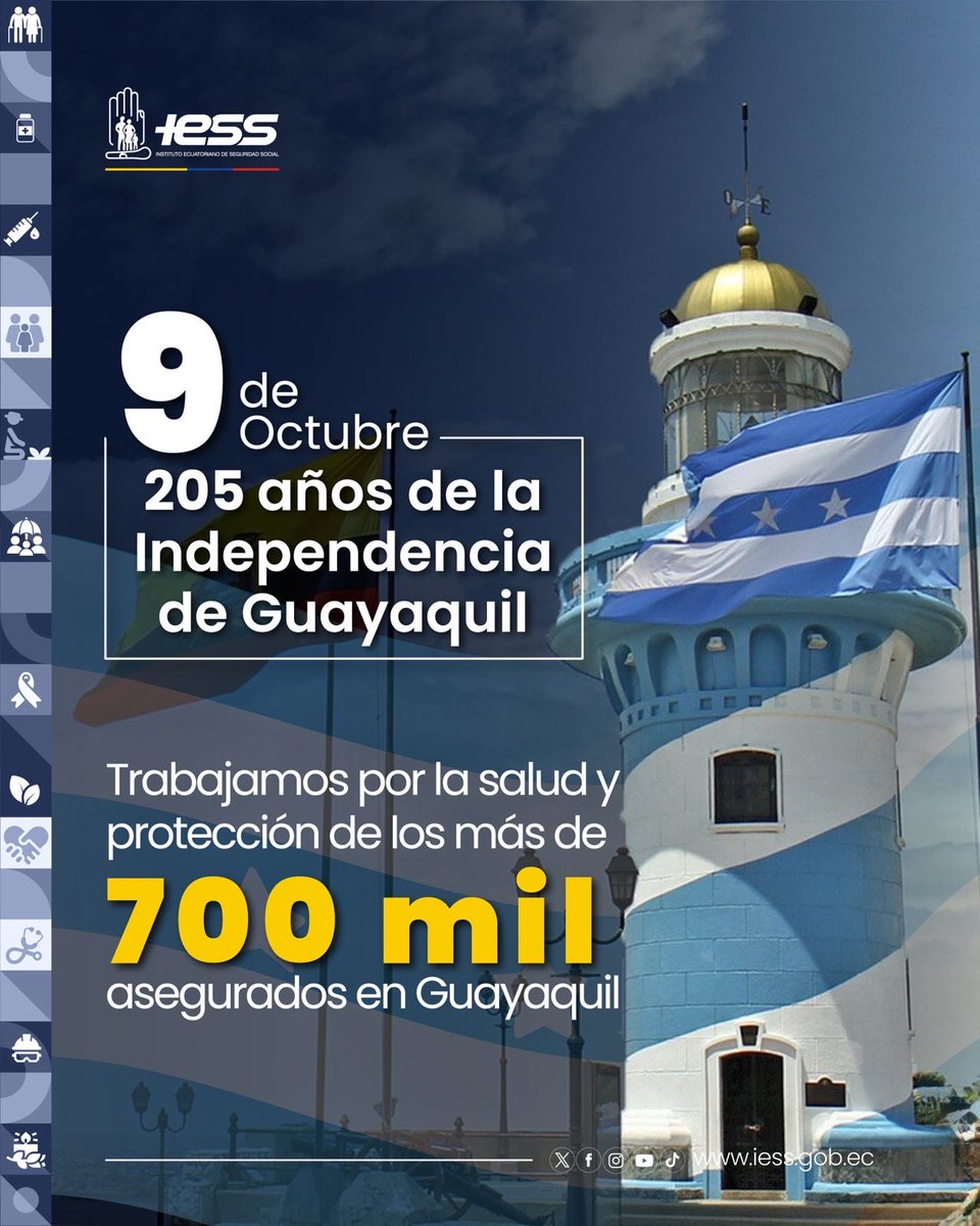 IESSec's tweet photo. ¡Guayaquil, ejemplo de valentía y unión! 💙🤍

Hace 205 años, la Perla del Pacífico marcó un nuevo rumbo en la historia del Ecuador.

Hoy, el @IESSec rinde homenaje a la ciudad que inspira la búsqueda de libertad. Continuamos trabajando por el bienestar de su gente. https://t.co/j3r4iG7Zr2