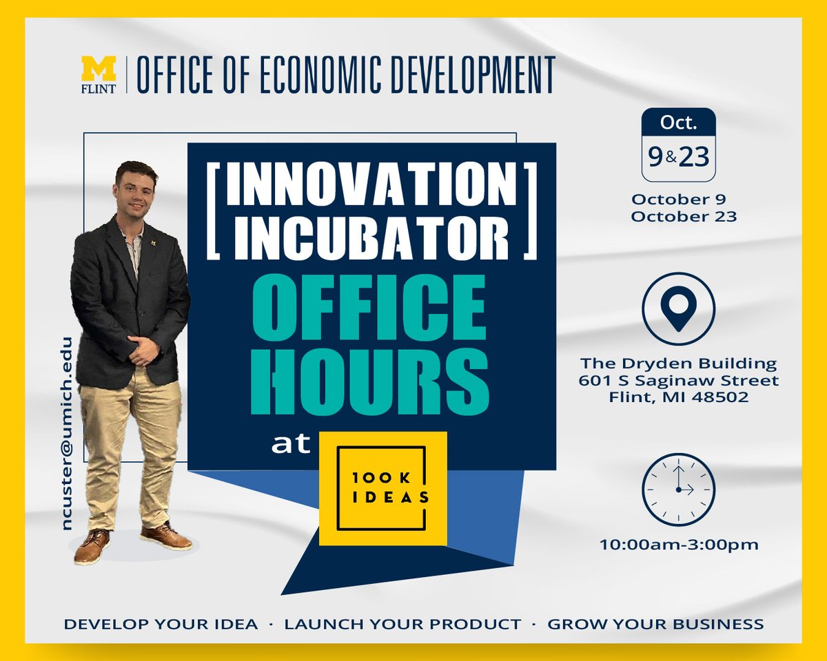 If you are an #entrepreneur, #innovator, or #smallbusiness owner our Innovation Incubator is here to help! 
We will be holding open office hours October 9th &amp; October 23rd in partnership with <a href="/100K_Ideas/">100K Ideas</a> 
To learn more contact Nic at ncuster@umich.edu