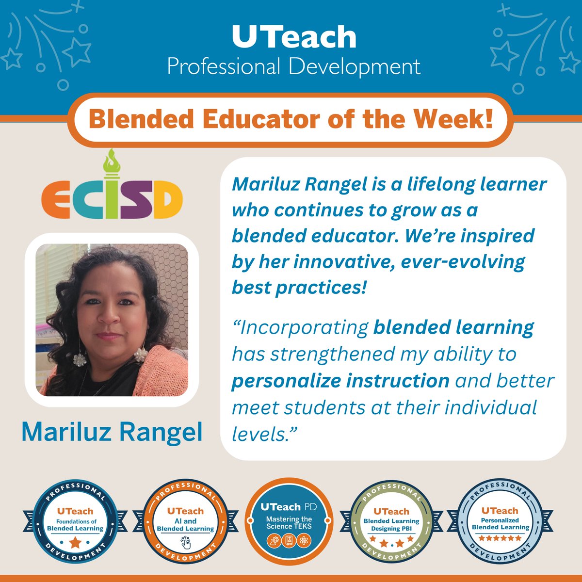 🎉 Meet Mariluz R.—2nd grade blended educator &amp; lifelong learner!
She’s completed 5 #UTeachPD courses &amp; is finishing Advanced Blended Learning this month!
Her passion for reading shines in her classroom &amp; A Taste of Reading event. 📚💡
bit.ly/UTEACH_PD

#BlendedLearning
