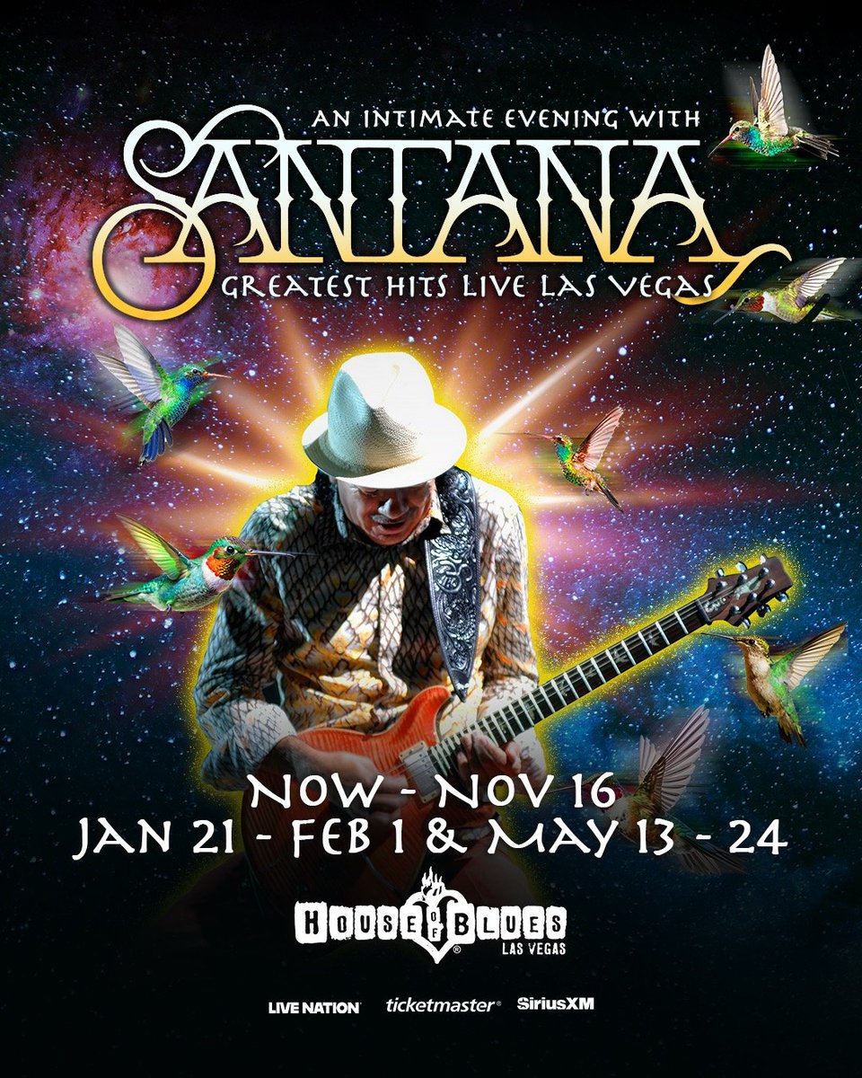🎸✨ Carlos Santana returns for another year of An Intimate Evening with Santana: Greatest Hits Live — presented by <a href="/SIRIUSXM/">SiriusXM</a> — at the House of Blues, Mandalay Bay 🎶 New 2026 dates just added!
#CarlosSantana #SantanaLive #HouseOfBlues #LasVegasShows