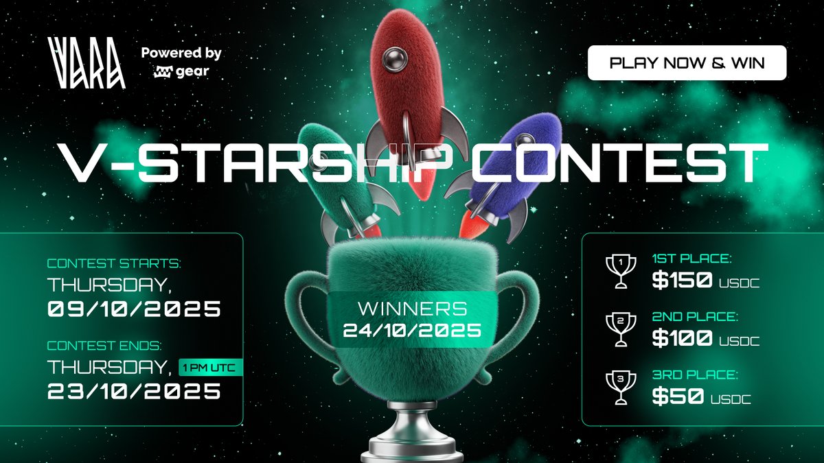 VaraNetwork's tweet image. 🚀 V-STARSHIP CONTEST IS LIVE! 🚀

Think you’ve got the skills? Prove it and win up to $150 USDC!

🎮 Play: starship.vara.network
📸 Screenshot your best score
🏆 Top 3 players WIN BIG

How to enter:
✅ Like + RT this post
✅ Follow @VaraNetwork
✅ Drop your screenshot below 👇