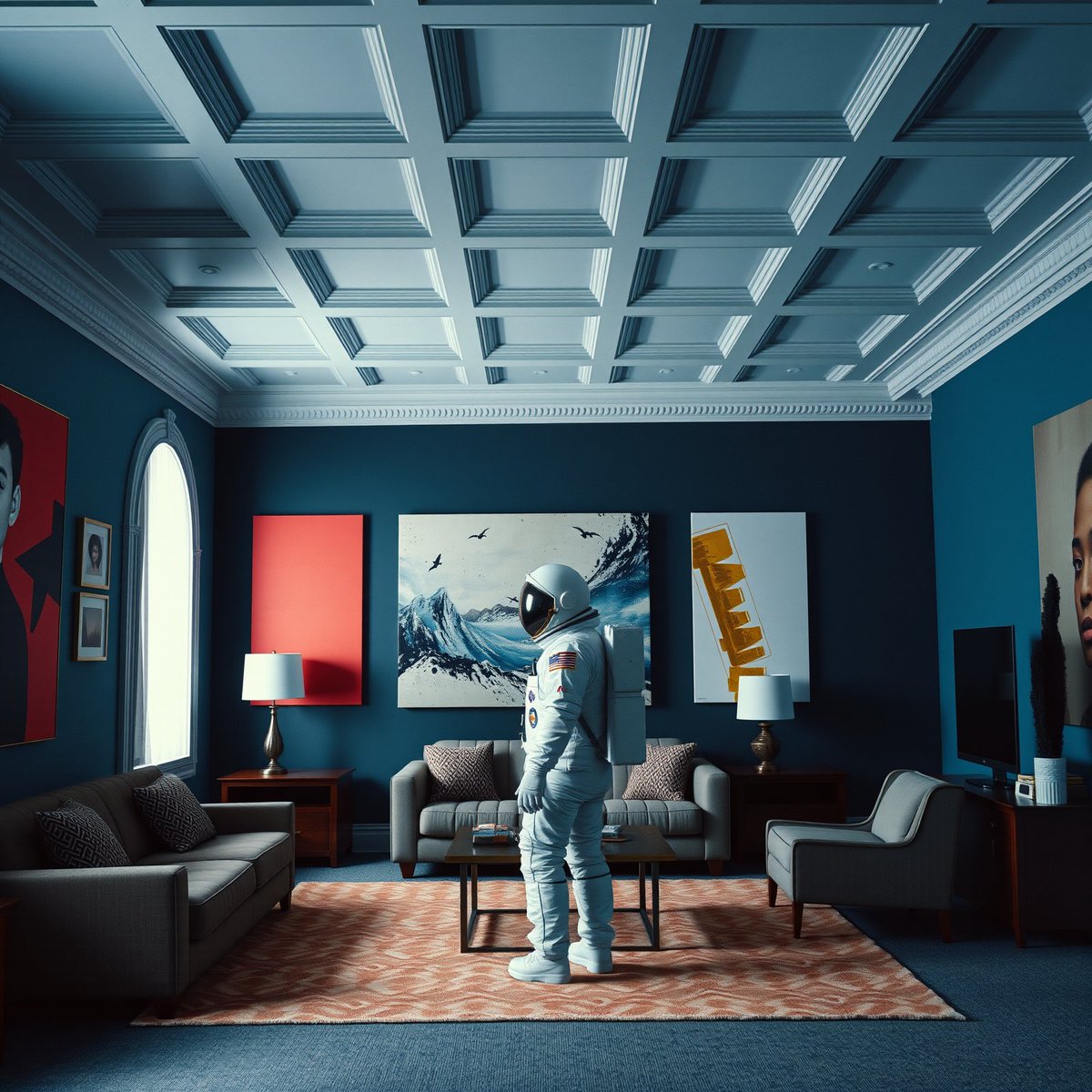 Astronaut in a living room with modern art, symbolizing innovation on traditional foundations