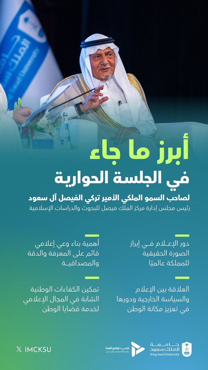 حوار مُثري جمع صاحب السمو الملكي الأمير تركي الفيصل آل سعود 
بنخبة من المهتمين بالإعلام، في جلسة حوارية نظمها كرسي الدكتور إبراهيم المهنا لإعلام الطاقة والإعلام المتخصص بالتعاون مع قسم الإعلام في #جامعة_الملك_سعود.