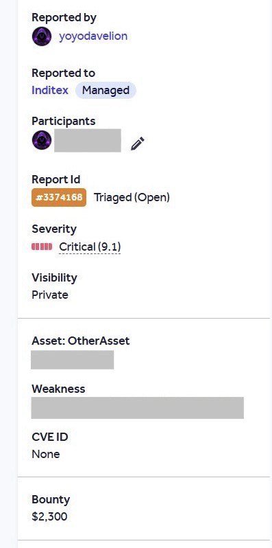 YoyoDavelion's tweet image. First bounty on hackerone and critical on Inditex public program, after less than 24h of researching 🔥🔥 @Hacker0x01 #bugbounty