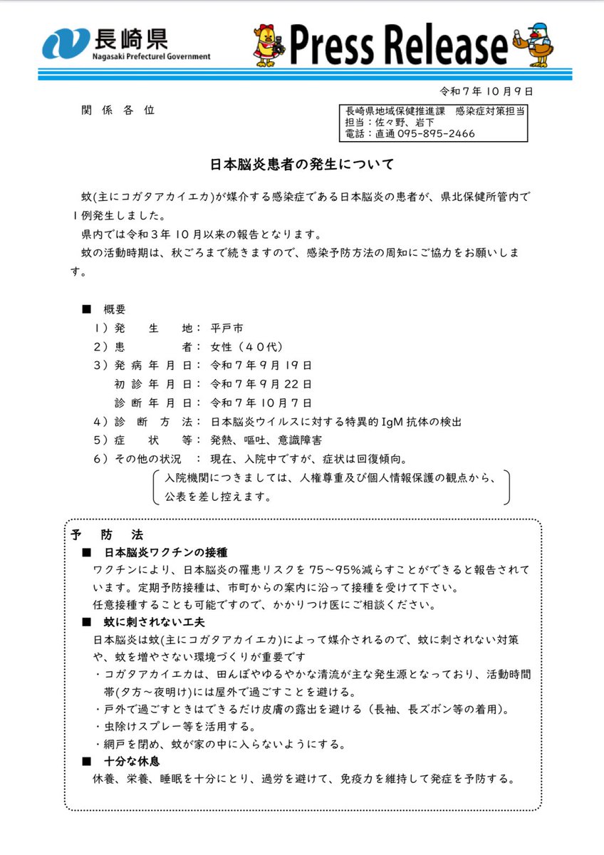 EARL_med_tw's tweet image. 長崎県内で日本脳炎患者が発生

✅平戸市の40代女性
✅発熱、嘔吐、意識障害
✅9/19発症
✅9/22医療機関受診
✅10/7診断