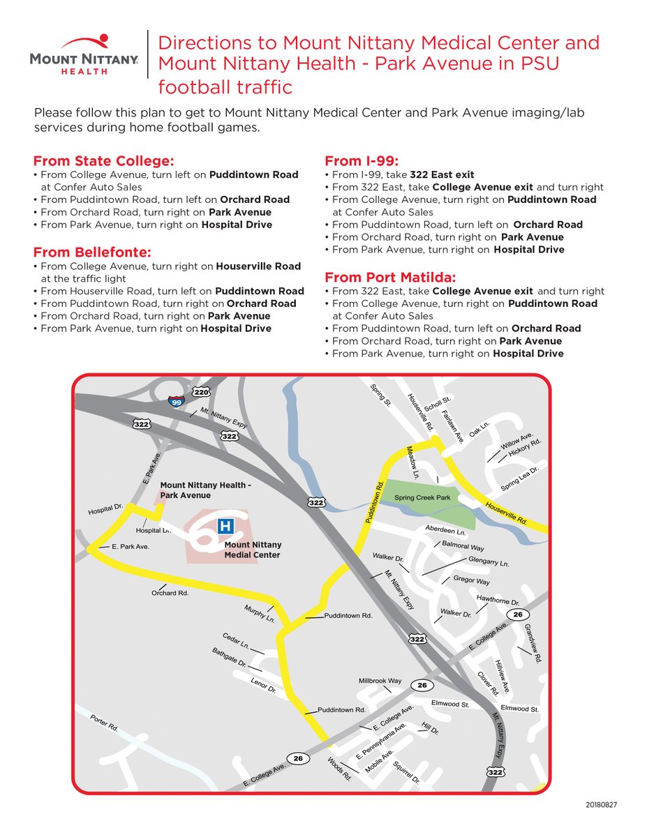 Traveling to the Mount Nittany Medical Center during the game this weekend? Follow these directions to ensure you get there as quickly as possible.

#PennState #PennStatePolice #PennStatePublicSafety