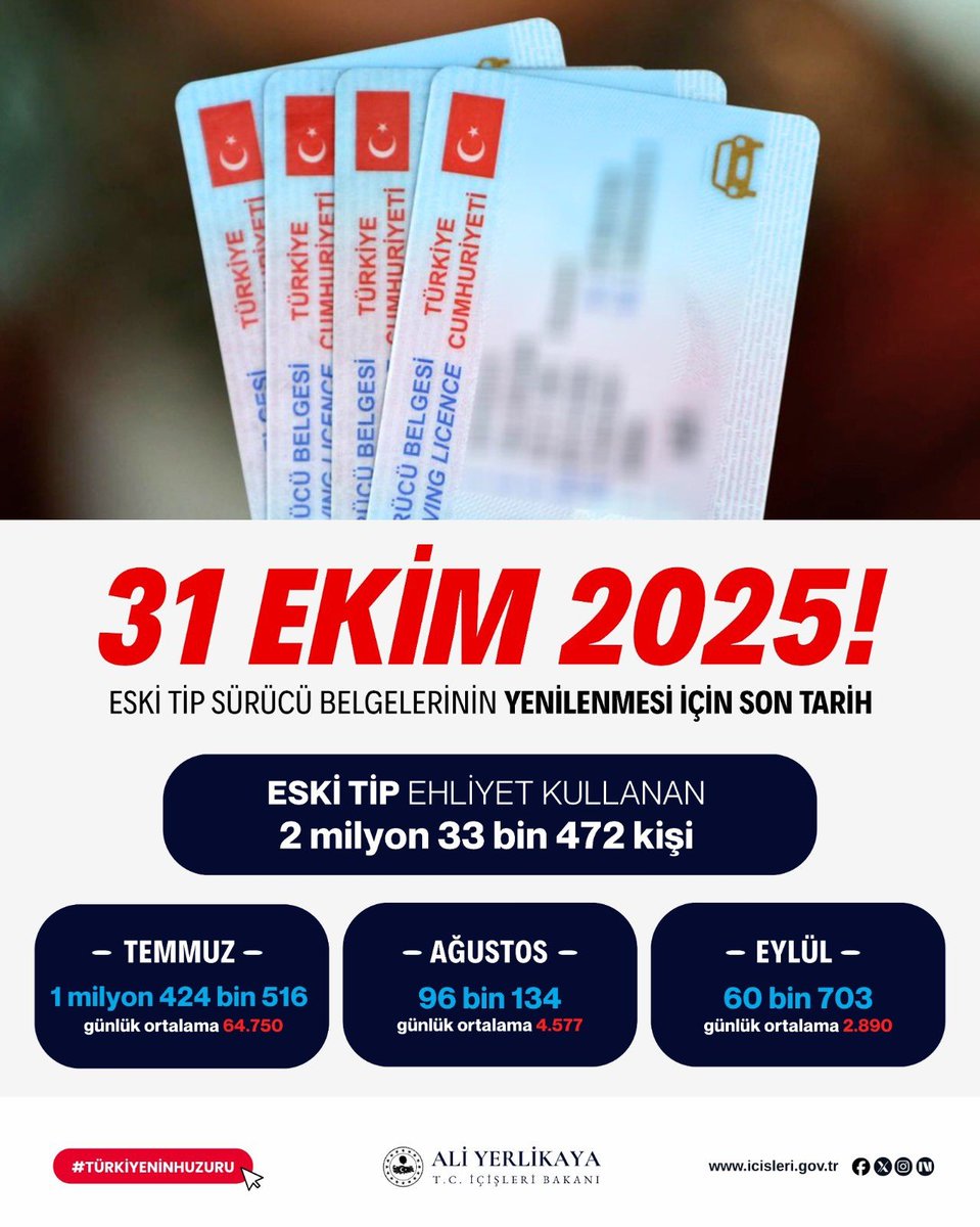 ErzurumValiligi's tweet photo. 📢 KAMUOYUNA DUYURULUR 

⚠️ Eski Tip Sürücü Belgelerinin Yenilenmesi için Son Gün: 31 Ekim 2025

🪪 Vatandaşlarımızın mağduriyet yaşamamaları için eski tip sürücü belgelerini, 
🗓️ 31 Ekim'e kadar yenilemeleri gerekmektedir.

ℹ️ Yeni tip sürücü belgesine geçiş işlemleri, Nüfus Müdürlüklerinden alınacak randevu ile kolaylıkla yapılabilmektedir.

📢 Kamuoyuna saygıyla duyurulur.
