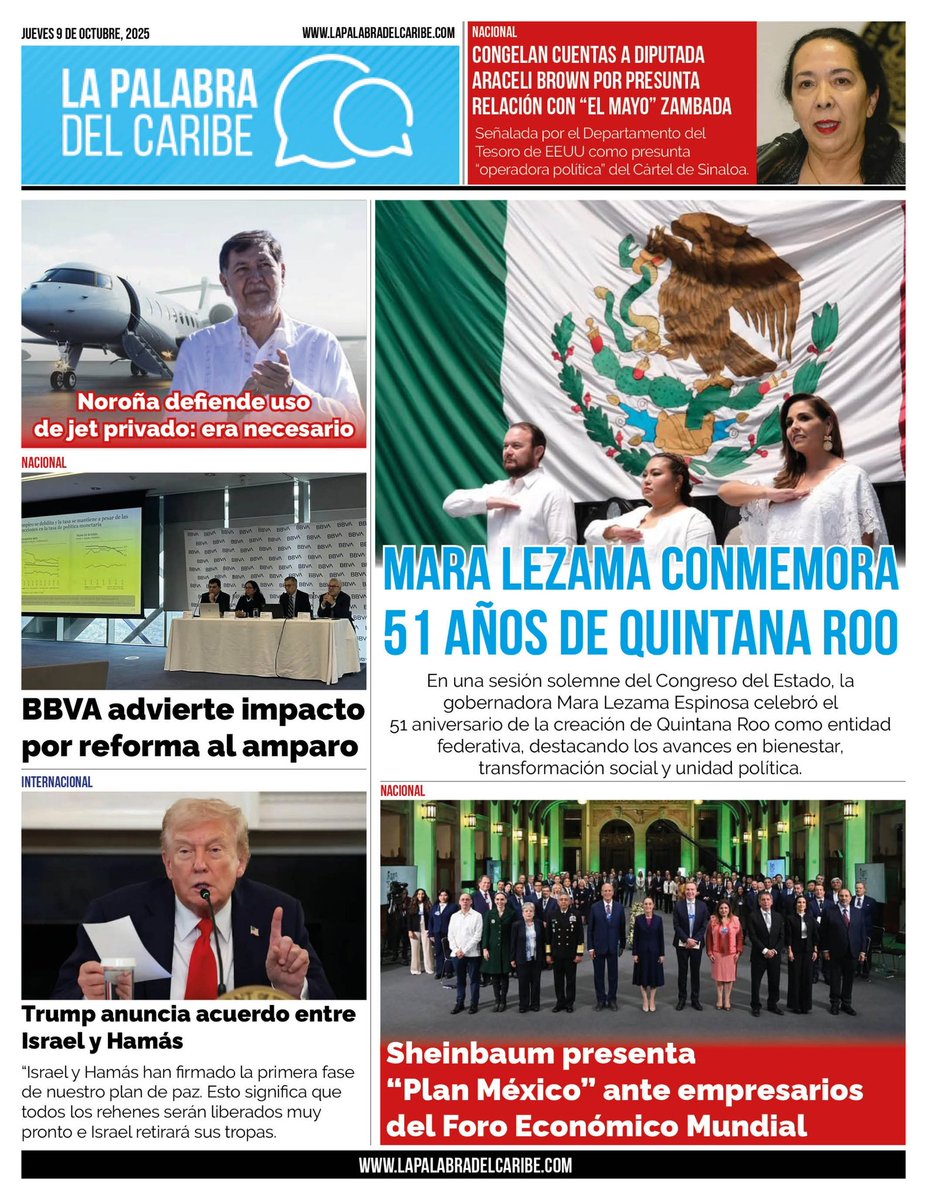 Mara Lezama conmemora 51 años de Quintana Roo ante el Congreso y reivindica rumbo de bienestar - bit.ly/43duswX
----
Sheinbaum presenta “Plan México” ante empresarios del Foro Económico Mundial y apuesta por la soberanía económica - bit.ly/47gvpai