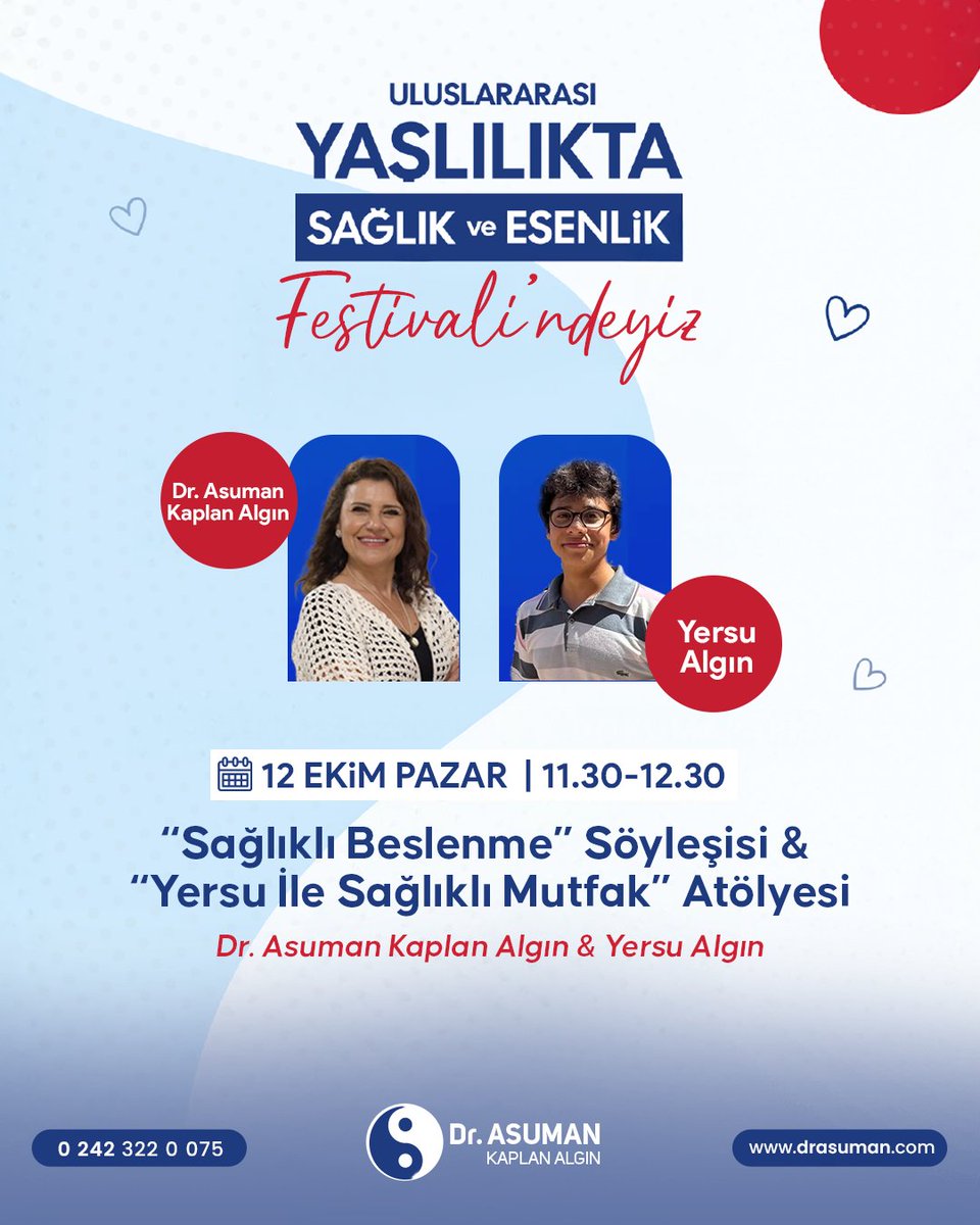 Kepez Belediyesi’nin düzenlediği Uluslararası Yaşlılıkta Sağlık ve Esenlik Festivali’nde oğlum Yersu ve ben sizlerle birlikte olacağız. Sağlıklı beslenmeye dair hem konuşacağız hem uygulamalar göstereceğiz. 

12 Ekim Pazar saat:11.30-12.30 
Yer: Dokumapark