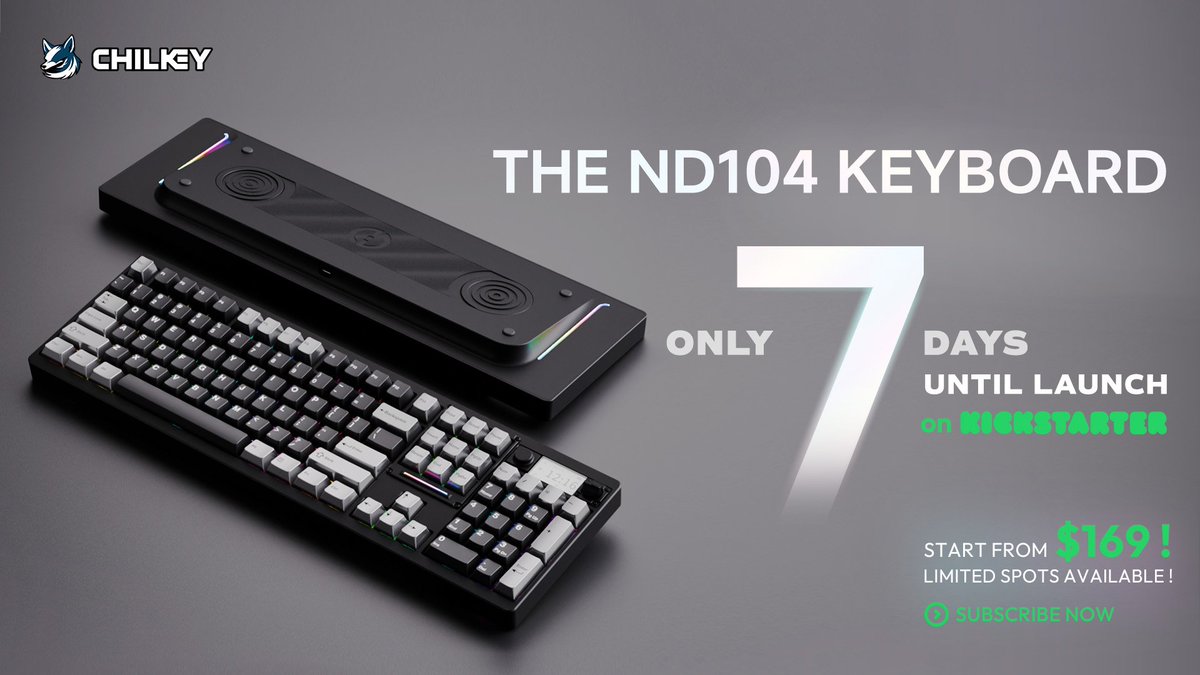 🚀 7 DAYS UNTIL LAUNCH!

The Chilkey ND104 is coming to Kickstarter on October 15 — and the wait is almost over.

🔩 Precision-machined 6063 aluminum case
⌨️Process： Anodizing / Acustatic
🎨 6 Vibrant Colors: Lumen Yellow, Sky Blue, Lunar White, Soft Pink, Gunmetal Gray, Shadow