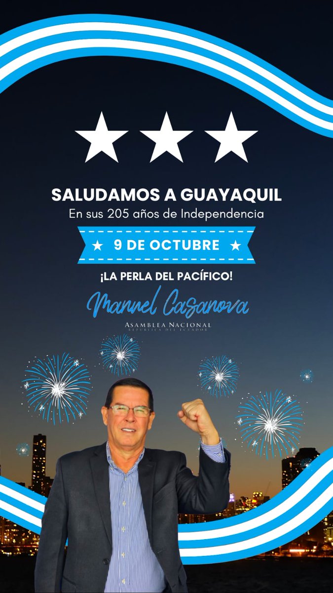 Hoy celebramos los 205 años de independencia de #Guayaquil,cuna de la libertad ecuatoriana y ejemplo de progreso y resiliencia.Desde Esmeraldas,mi saludo fraterno al pueblo guayaquileño,que con su espíritu emprendedor sigue inspirando un #Ecuador d oportunidades #Guayaquil205Años