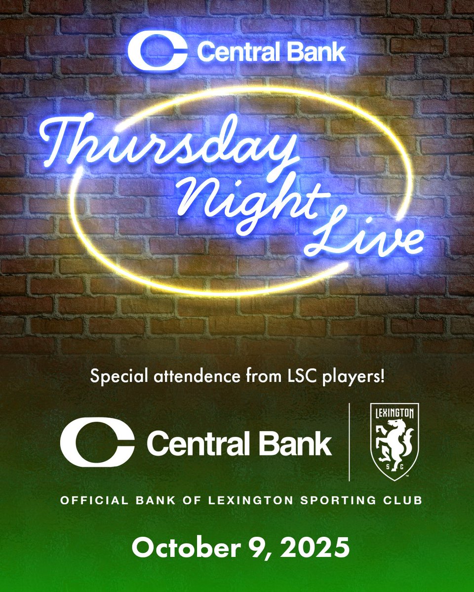 Central Bank Thursday Night Live with <a href="/LexSporting/">Lexington Sporting Club</a> !
📆Oct. 9
🕒5 – 8pm ET
📍Henry A. Tandy Centennial Park
With special attendance from the Men’s &amp; Women’s LSC players! ⚽