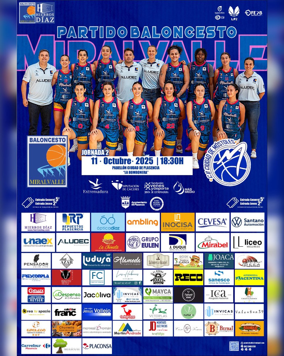💪🏼 𝐒𝐄𝐆𝐔𝐍𝐃𝐀 𝐉𝐎𝐑𝐍𝐀𝐃𝐀

Nuestro equipo Hierros Díaz Extremadura Miralvalle disputará su primer partido de la temporada en CASA este próximo sábado.

🗓️ 11 de octubre
⏰ 18:30
🆚 @cbmostoles
🏠Pabellón La Bombonera

¡Os esperamos a todos, AFICIÓN!💙🩷

#pasiónMiralvalle