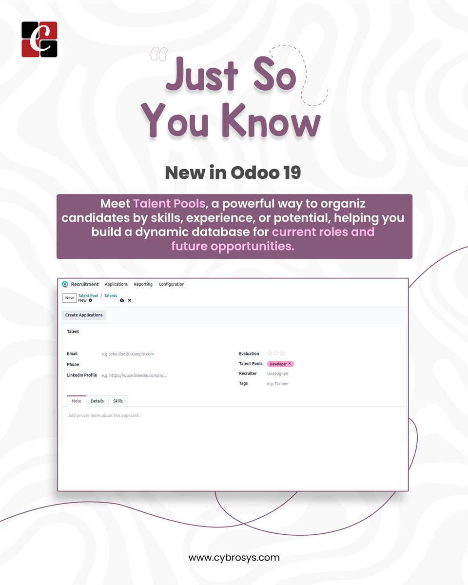 Cybrosys's tweet image. Odoo 19 just dropped Talent Pools! 🧠🚀 Build a dynamic talent database to categorize candidates by skills/potential. Quickly fill roles &amp;amp; manage your pipeline strategically.

Upgrade your HR: cybrosys.com

#Odoo19 #TalentPools #RecruitmentTech #HRIS #TalentAcquisition