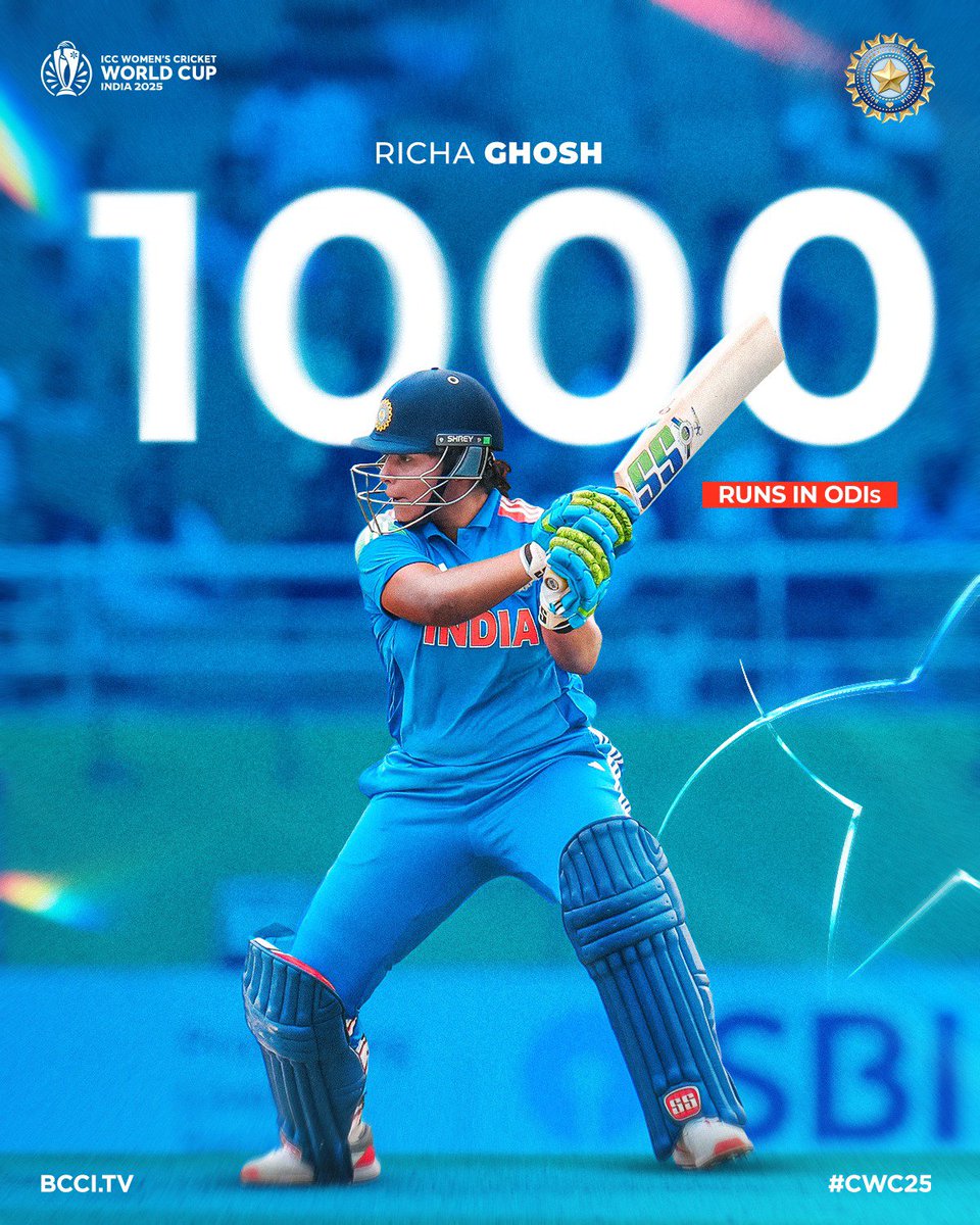 BCCIWomen's tweet image. Milestone 🔓

1⃣0⃣0⃣0⃣ ODI runs &amp;amp; going strong! 💪

Well done, Richa Ghosh! 👏 👏

Updates ▶️ bit.ly/INDWvSAW-WORLD…

#TeamIndia | #WomenInBlue | #CWC25 | #INDvSA