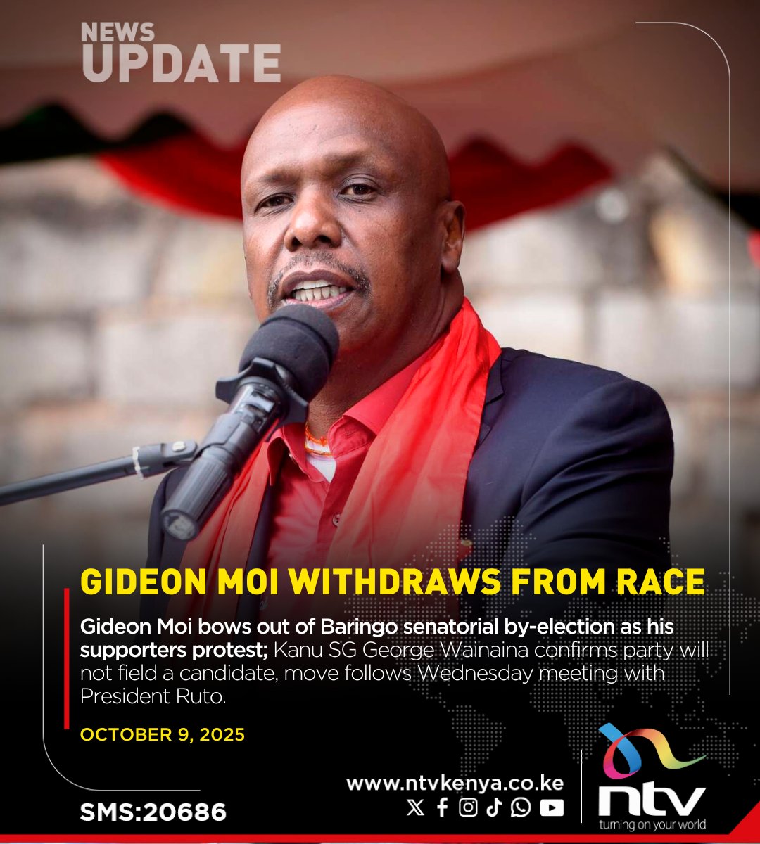 ntvkenya's tweet image. Gideon Moi bows out of Baringo senatorial by-election as his supporters protest; Kanu SG George Wainaina confirms party will not field a candidate, move follows Wednesday meeting with President Ruto.