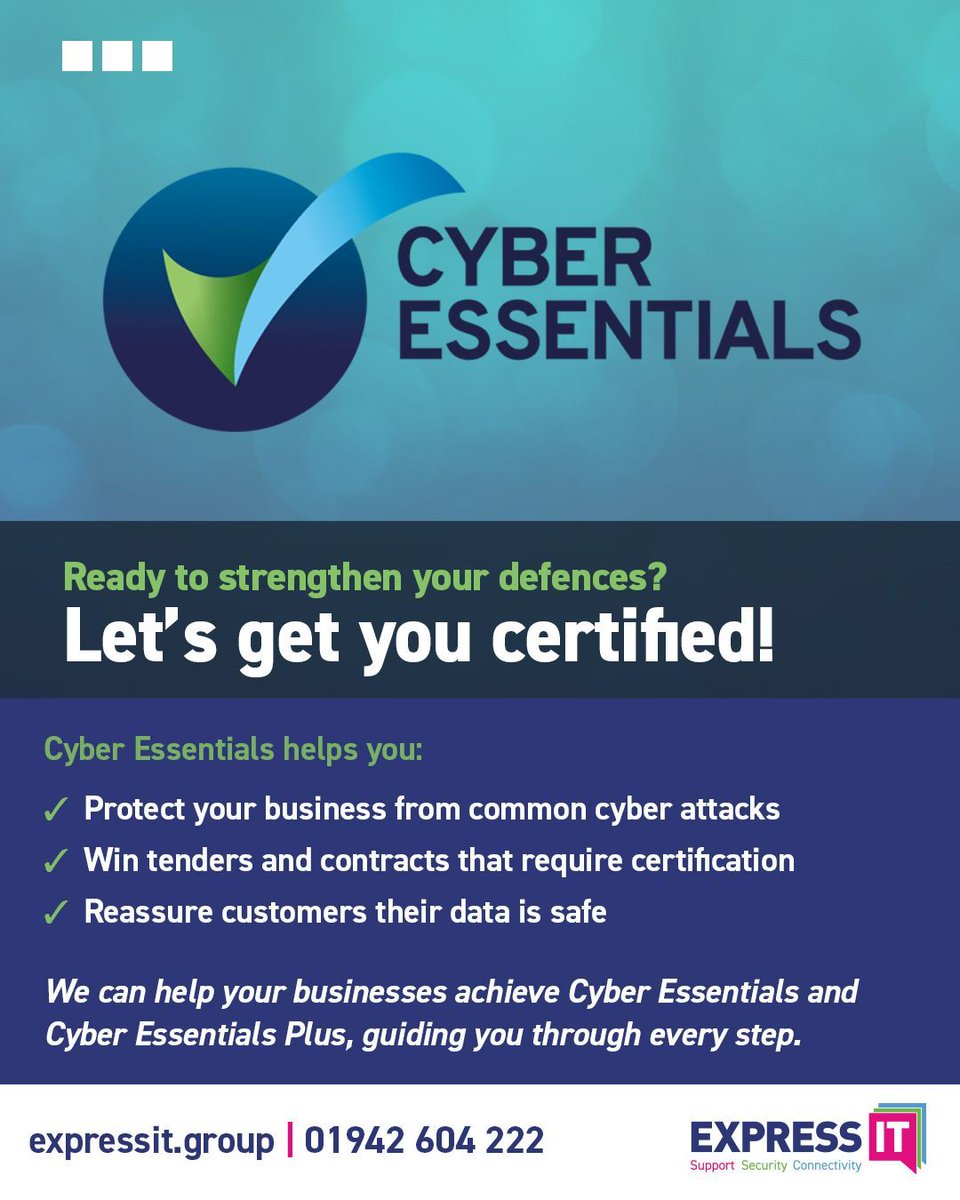expressitgroup's tweet image. 🔒 Cyber Essentials is more than just a badge. It’s about proving to your clients, suppliers, and staff that you take cybersecurity seriously. 

Ready to strengthen your defences? Let’s get you certified!  
 🌐 expressit.group