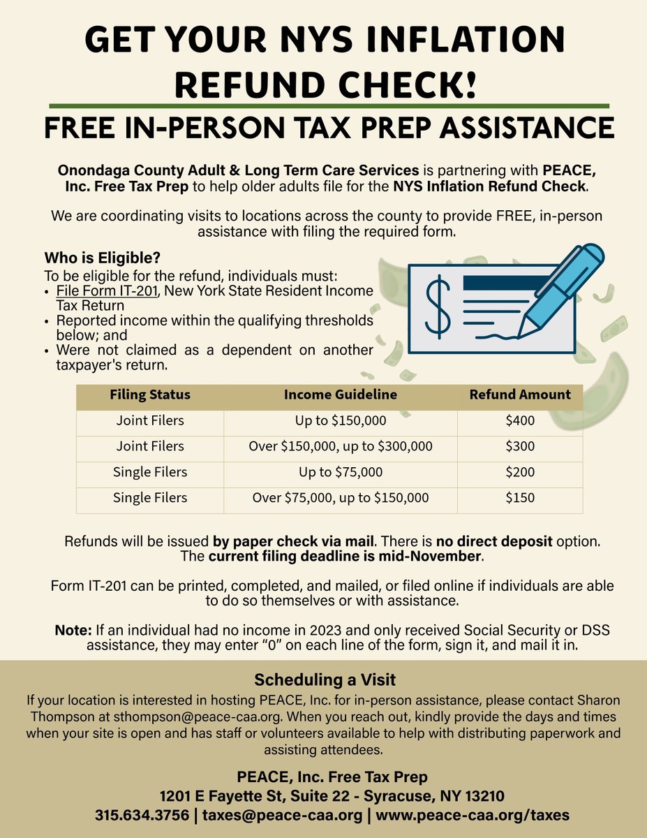 GET YOUR NYS INFLATION REFUND CHECK! 
Onondaga County Adult &amp; Long Term Care Services and PEACE, Inc. Free Tax Prep Program to help older adults file for the NYS Inflation Refund Check. 

To learn more 315.634.3756, taxes@peace-caa.org, or visit buff.ly/G3kjWJP.