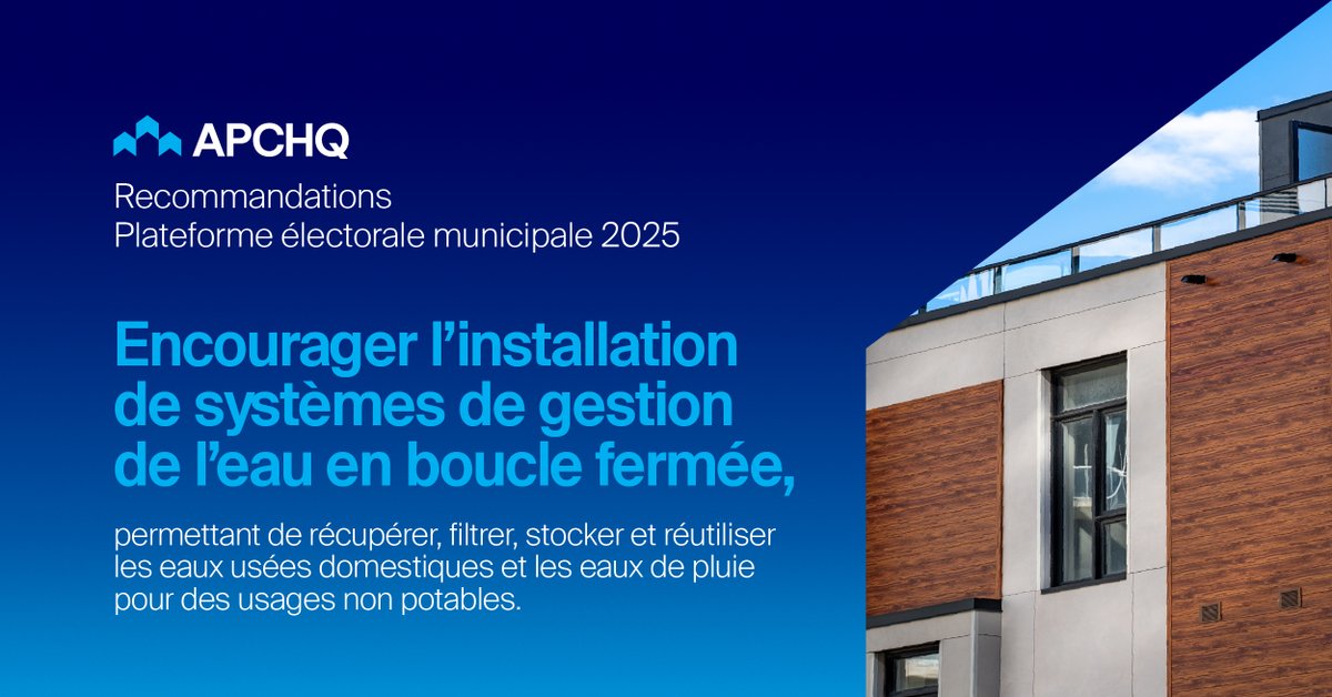 𝐄́𝐥𝐞𝐜𝐭𝐢𝐨𝐧𝐬 𝐦𝐮𝐧𝐢𝐜𝐢𝐩𝐚𝐥𝐞𝐬 𝟐𝟎𝟐𝟓 🗳️

Une élection générale aura lieu le 2 novembre prochain dans plus de 1 100 municipalités partout au Québec.

L’APCHQ souhaite à cette occasion que soit encouragée l’installation de systèmes de gestion de l’eau en boucle