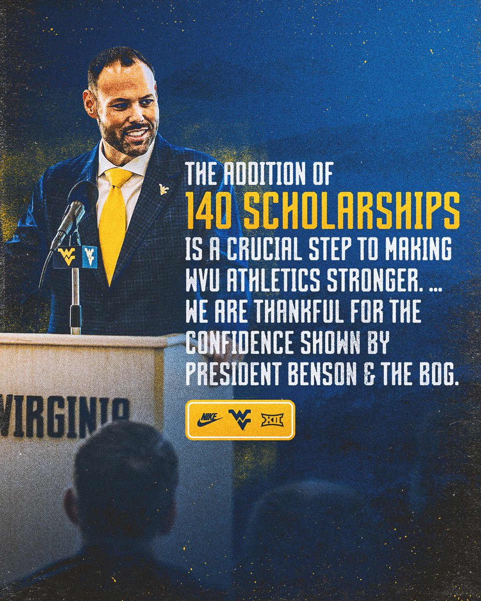 WVUSports's tweet image. WVU Athletics will provide an additional 140 athletic scholarships for the 2026-27 season, a significant advancement toward future opportunity and success.

West Virginia will go from 260 scholarships to 400 among its 18 varsity sports.

🔗 bit.ly/4h1V4Xv
