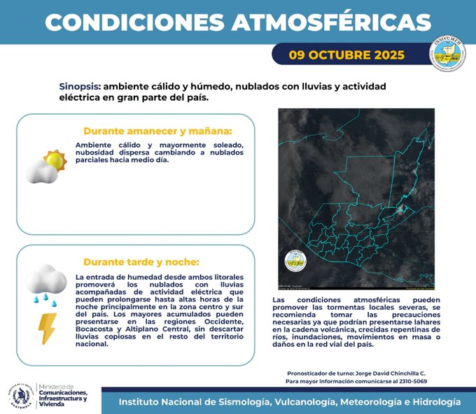 Graphic with blue header reading Condiciones AtmosfÃ©ricas for 09 Octubre 2025 showing synopsis of warm ambient humid clouds with lightning and electrical activity in north part of country divided into two panels daytime warm and humid with clouds and lightning in north and center nighttime scattered rains with electrical activity in north and west including sun and cloud icons rain icons and INSIVUMEH logo at bottom