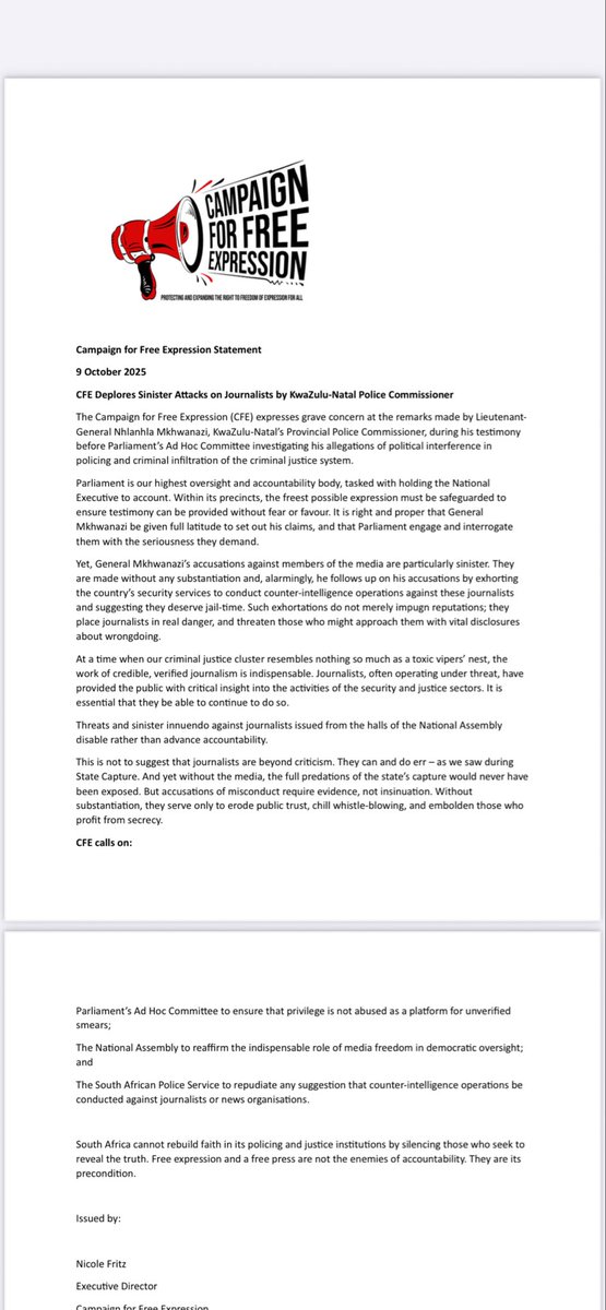 Nicole_Fritz's tweet image. Important that General Mkhwanazi’s allegations receive a full hearing before Parliament but very concerning that he impugns journalists and urges counter-intelligence operations with no substantiation. @_FreeExpression’s statement below: