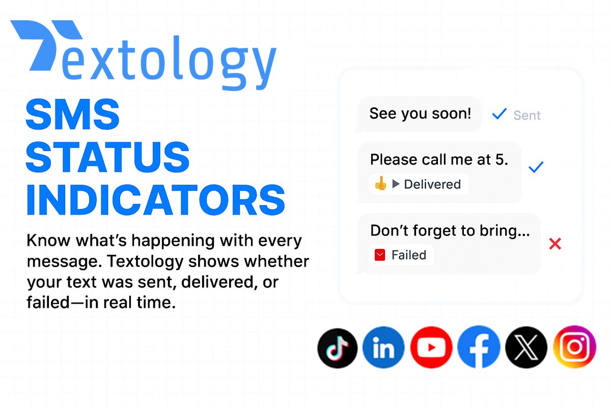 textologyhub's tweet image. Sent. ✅ Delivered. ✅✅ Failed ❌.
 Track every message with Textology’s real-time SMS status indicators. No guessing—just clarity.
 #BusinessMessaging #SMSStatus #TextologyPro #CustomerCommunication