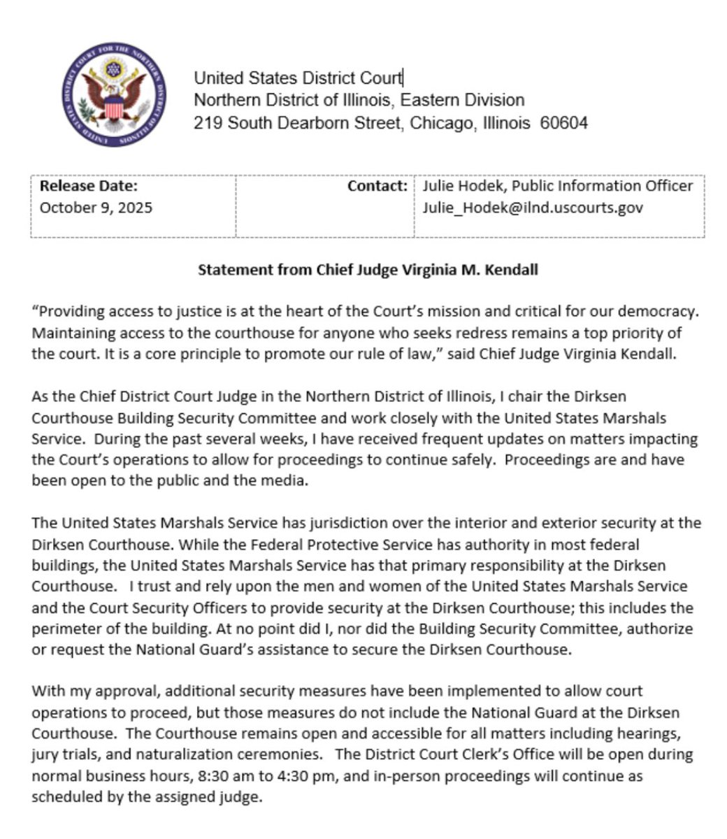 jmetr22b's tweet image. From U.S. District Chief Judge Virginia Kendall:
“At no point did I, nor the Building Security Committee, authorize or request the National Guard’s assistance to secure the Dirksen Courthouse.”